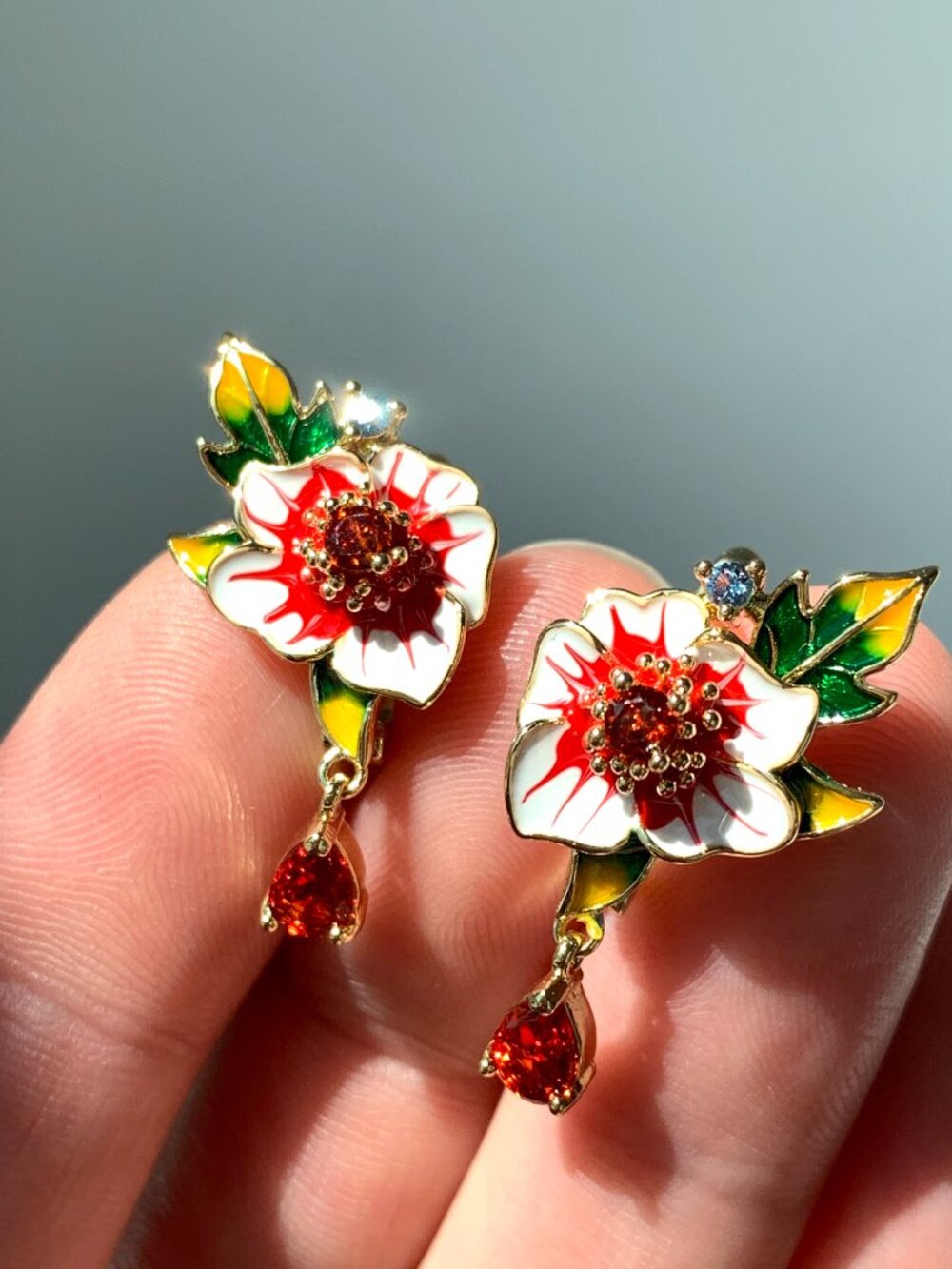 NEW ~ Anthropologie Enamel Flower Crystal Drop Lever Back Earrings - Picture 16 of 16